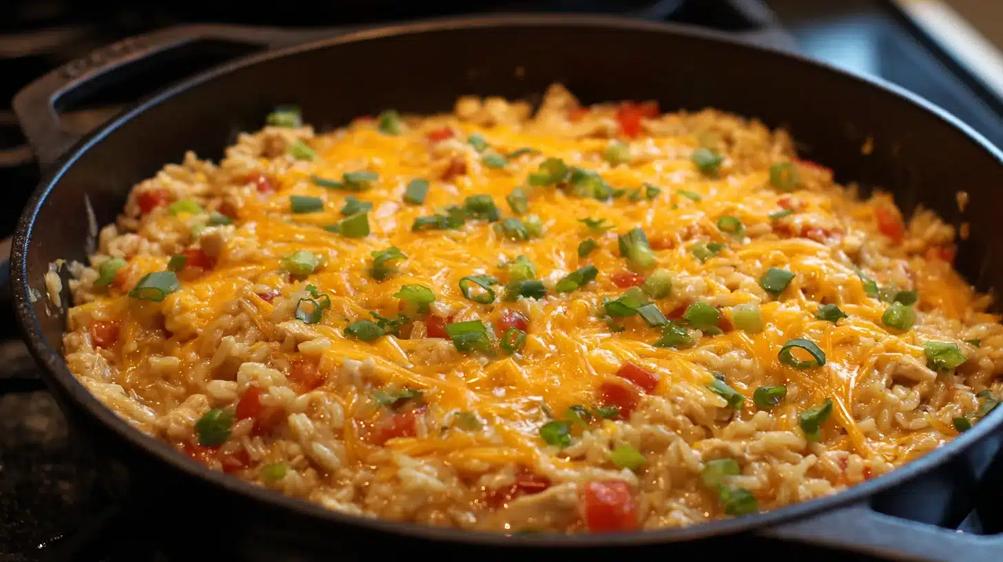 Melting cheese into taco chicken and rice