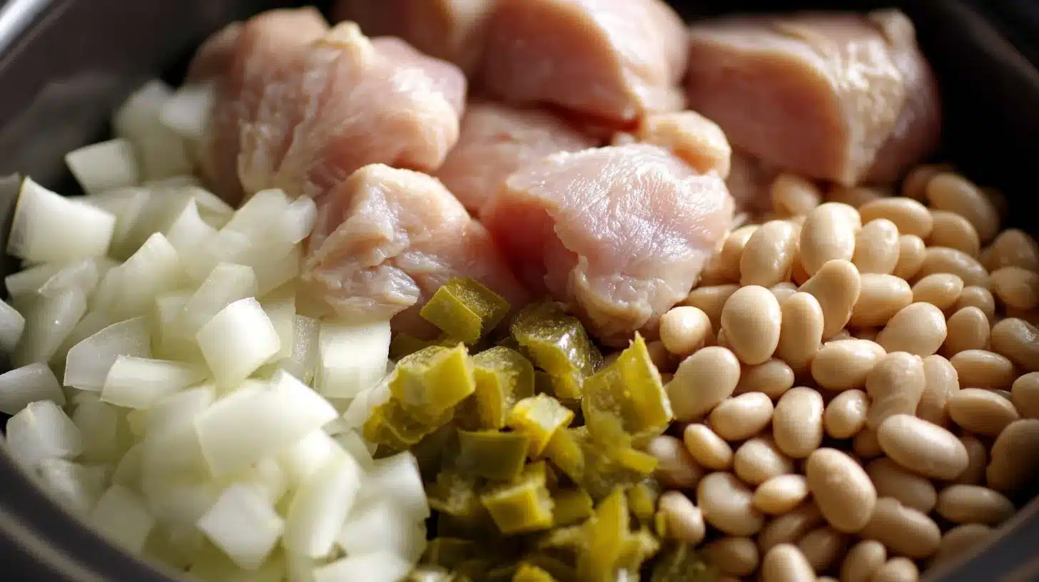 Crockpot Recipes: White Bean and Chicken Chili with raw ingredients in slow cooker