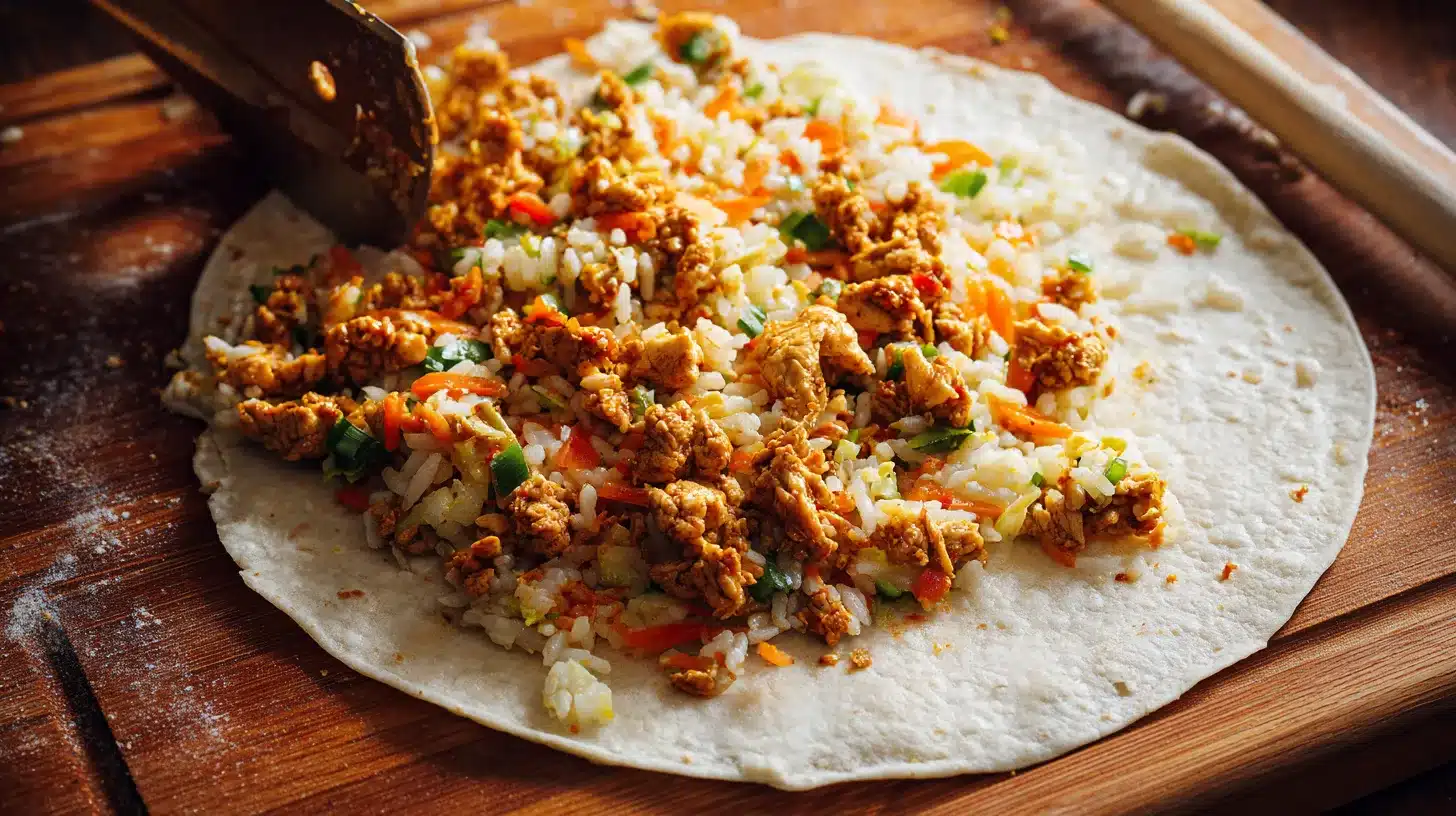 Chicken and rice tacos being filled on a counter