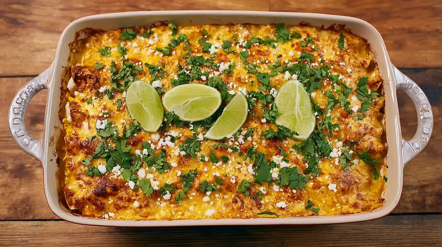 Street Corn Chicken Enchiladas served on a rustic plate