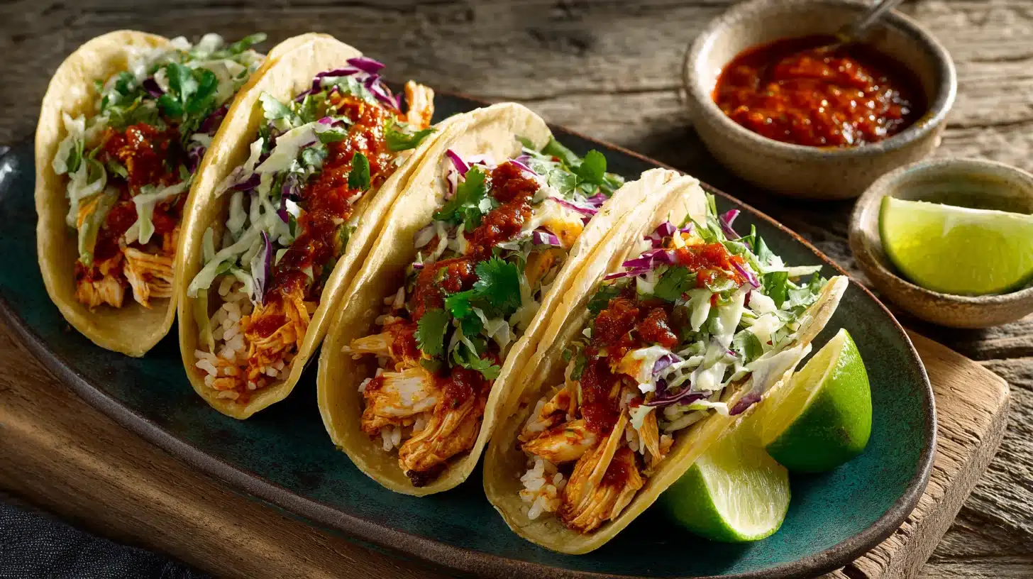 Chicken and rice tacos served on a rustic plate