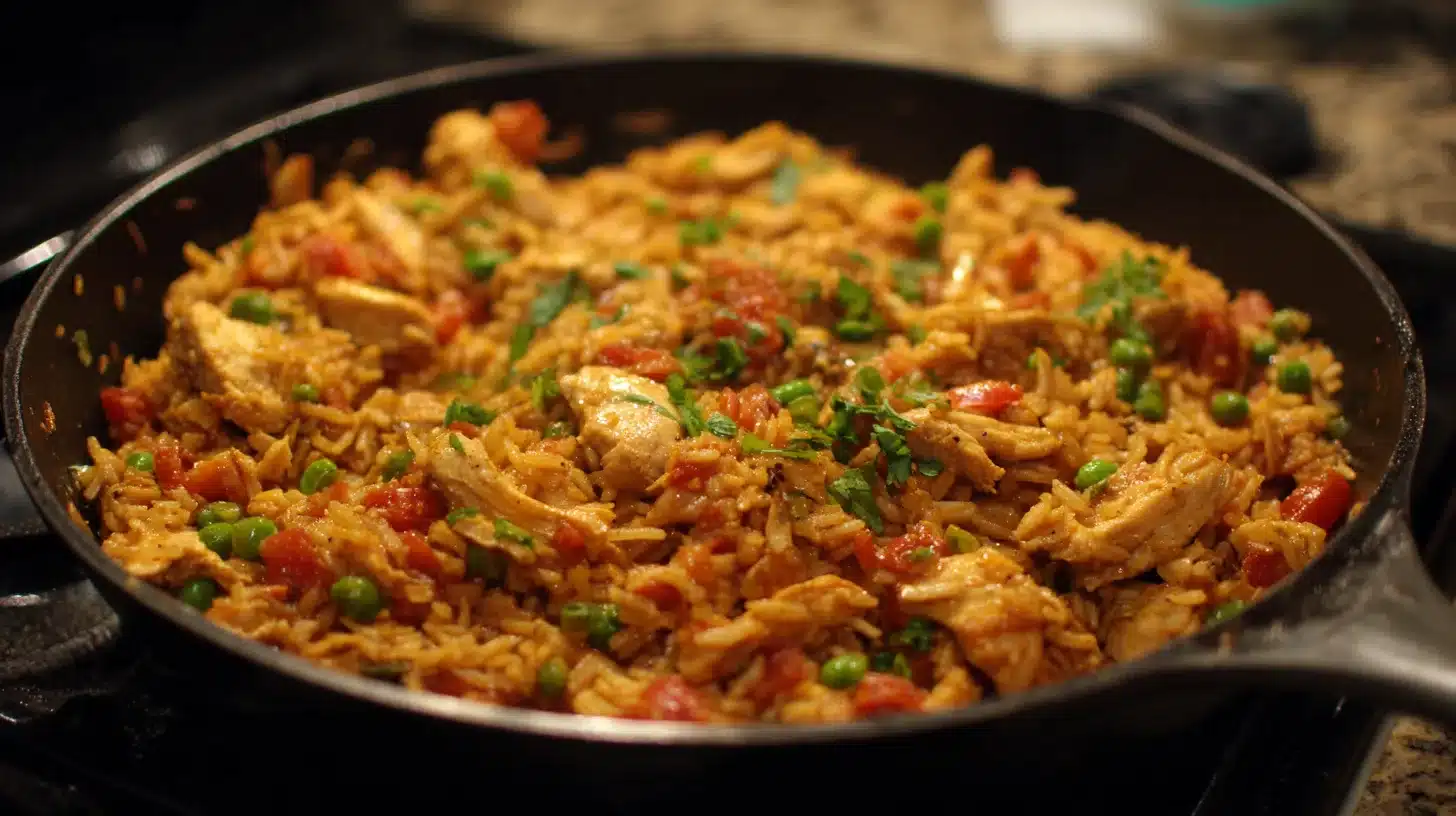 Chicken and rice tacos filling simmering in a pan