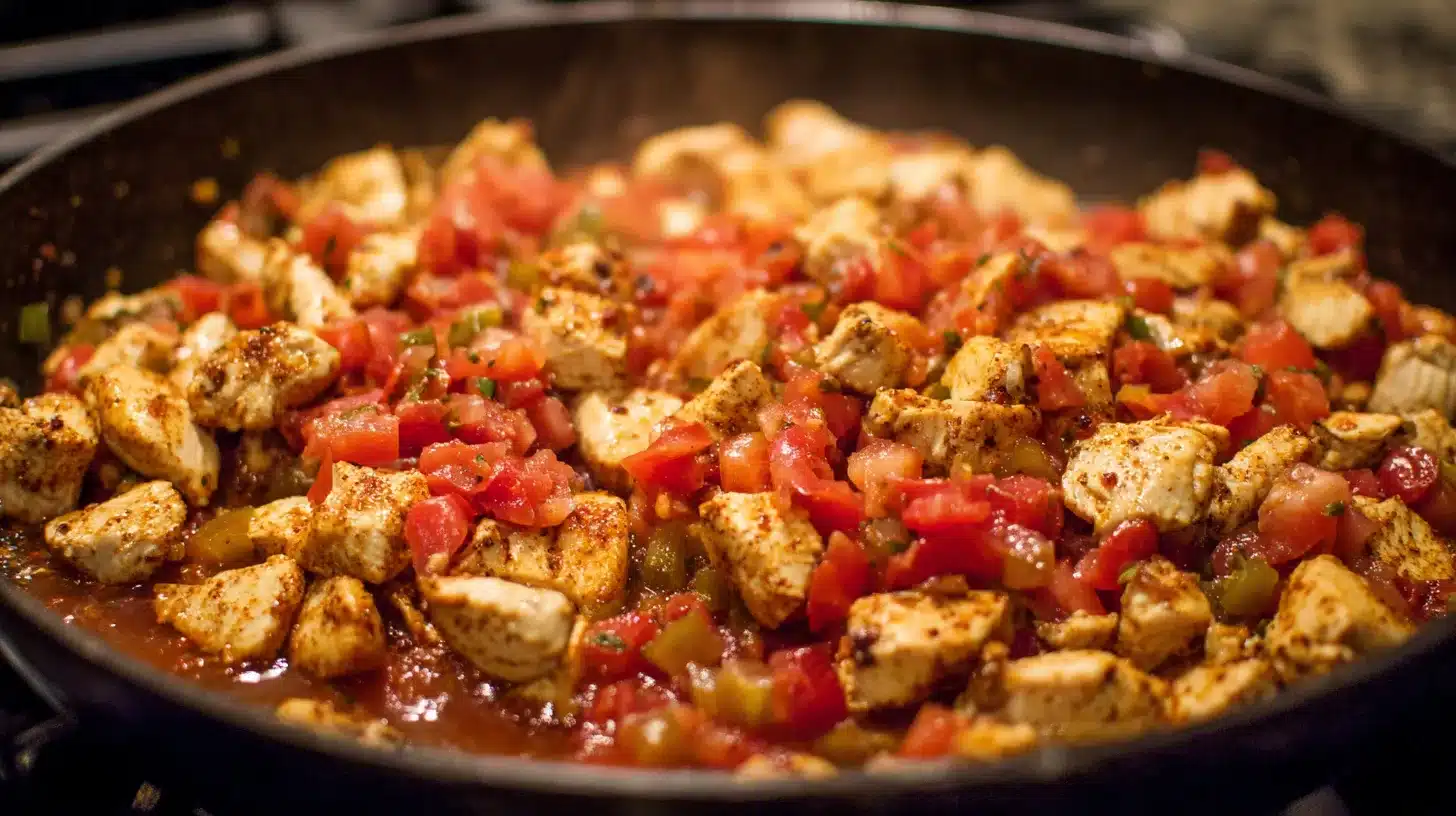 Mixing tomatoes, rice, and broth for taco chicken and rice