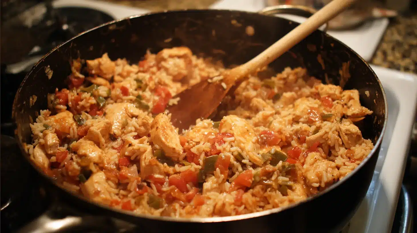 Taco chicken and rice simmering in covered pan