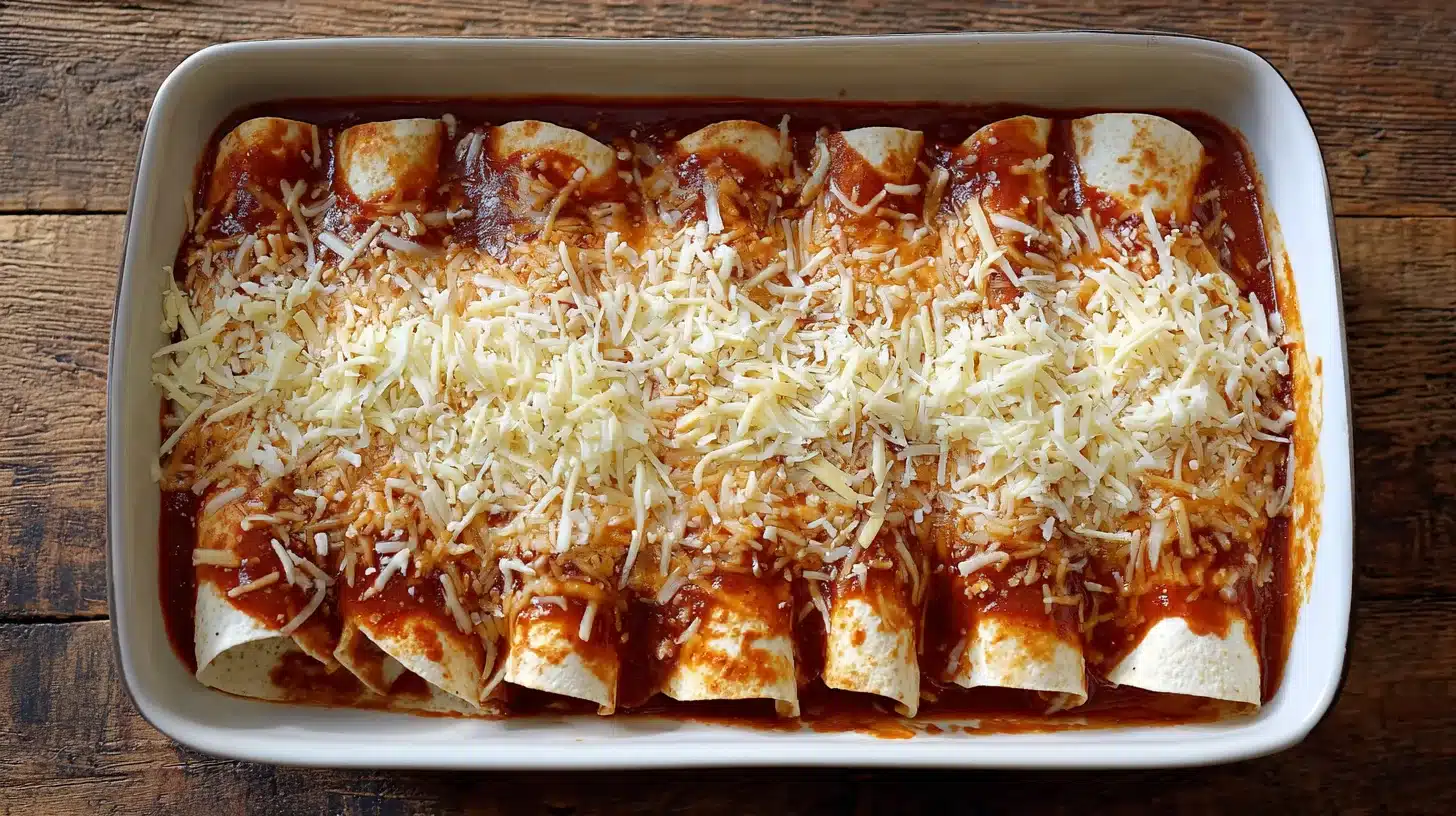 Adding sauce and cheese to Street Corn Chicken Enchiladas