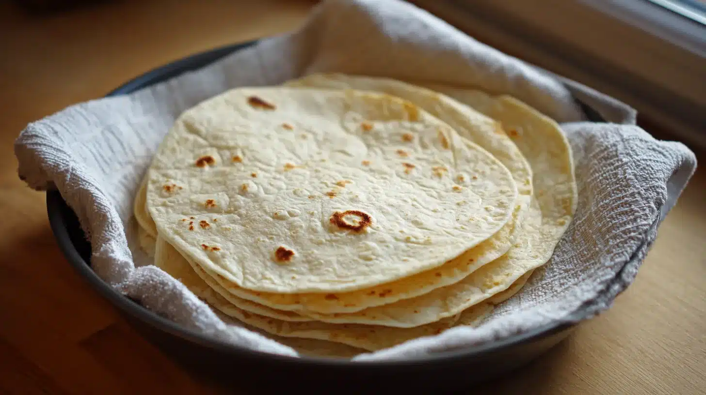 Soft tortillas warming for chicken and rice tacos