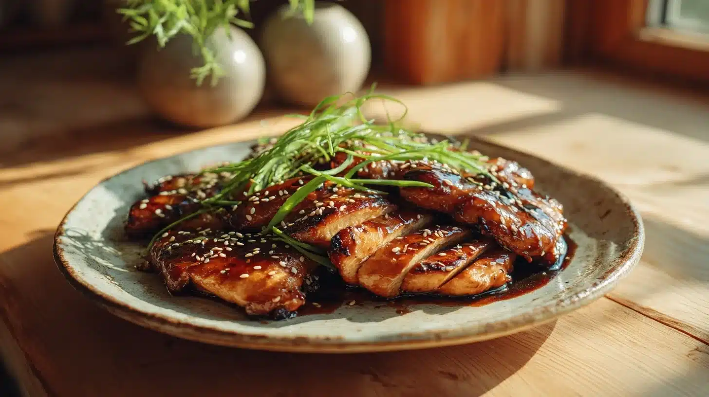 Grilled Teriyaki Chicken Thighs served on a rustic plate