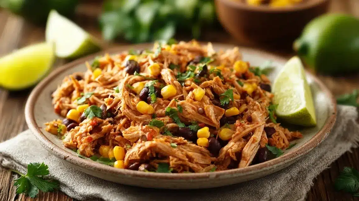 Crockpot southwest chicken served on a rustic plate