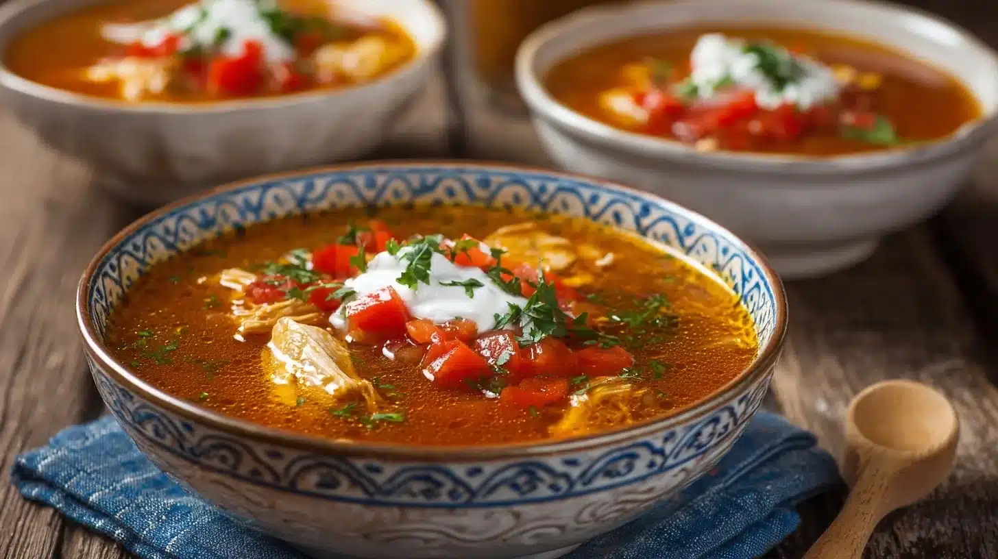 Spicy chipotle chicken soup served on a rustic plate
