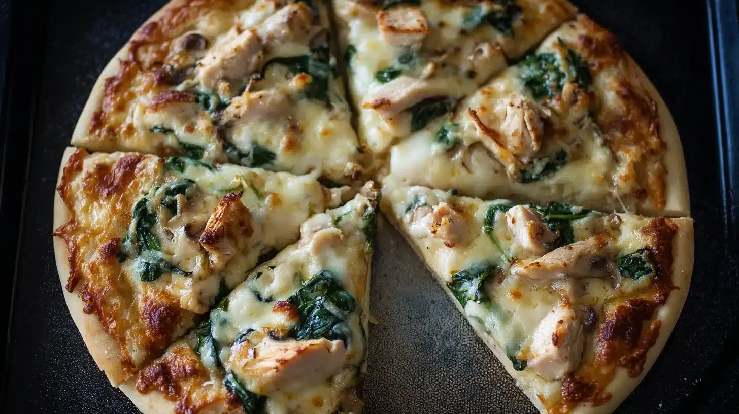 Chicken florentine pizza styled on wooden table with garlic and parmesan