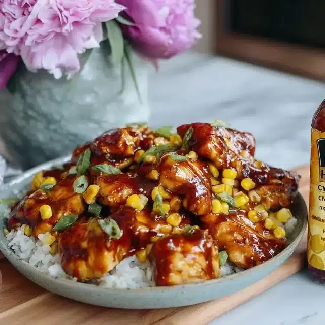 Glazed honey BBQ chicken bowls with corn and green onions over rice