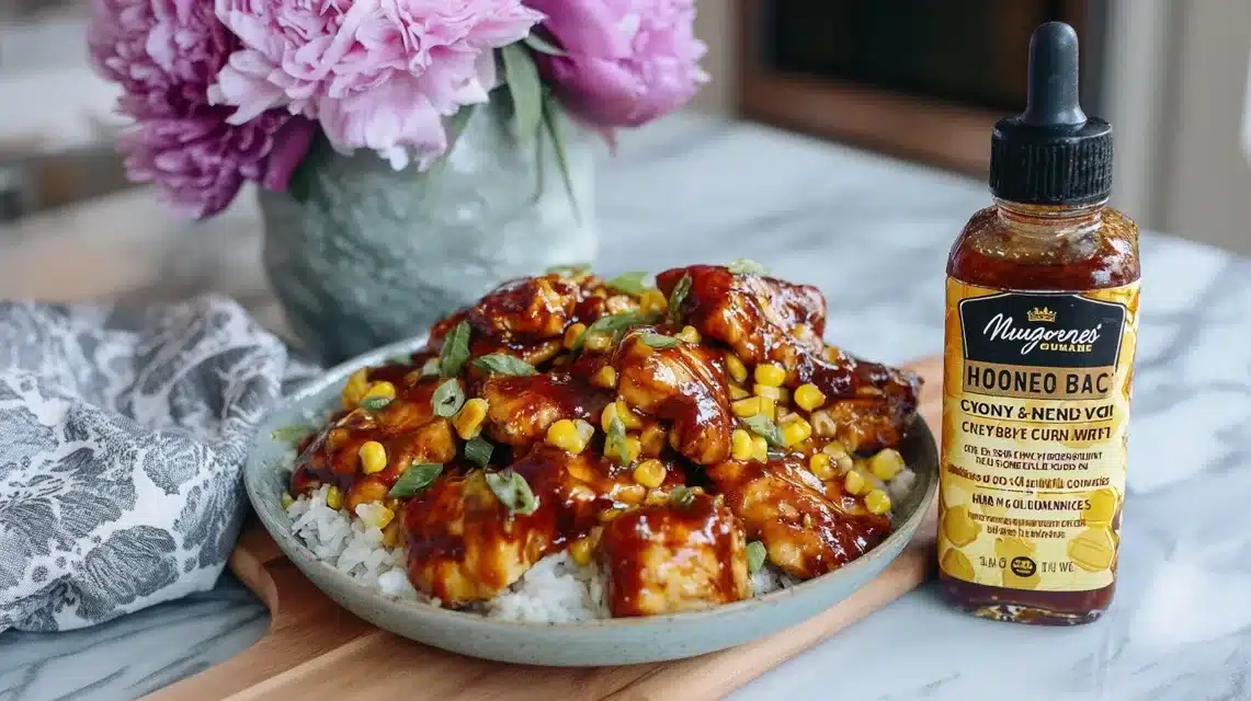 Glazed honey BBQ chicken bowls with corn and green onions over rice
