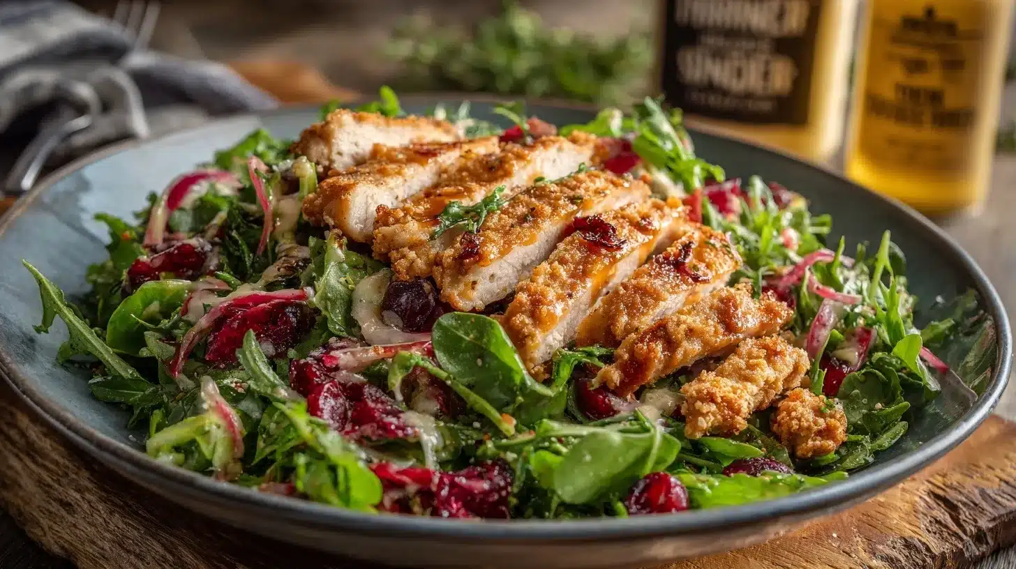 Chicken tender salad served on a rustic plate with crispy chicken and greens
