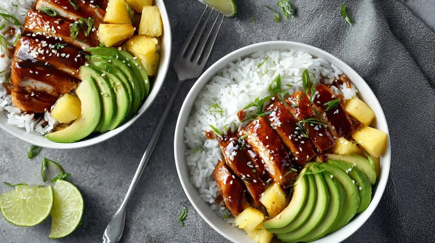 Ingredients for Hawaiian BBQ chicken recipe arranged on a kitchen counter