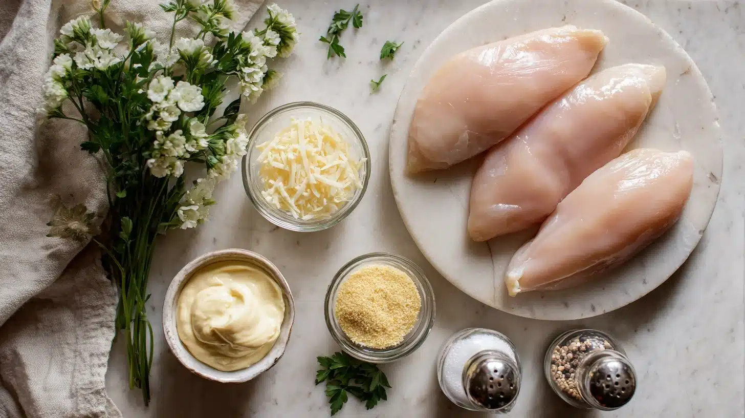  Ingredients for mayo parmesan crusted chicken arranged on a marble kitchen counter