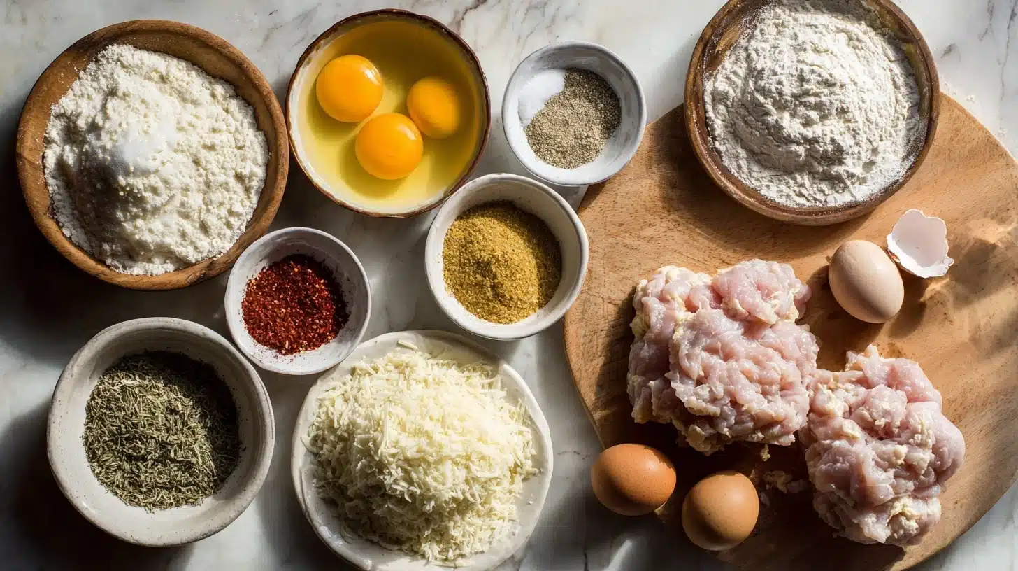 Ingredients for ground chicken pizza crust recipe on kitchen counter