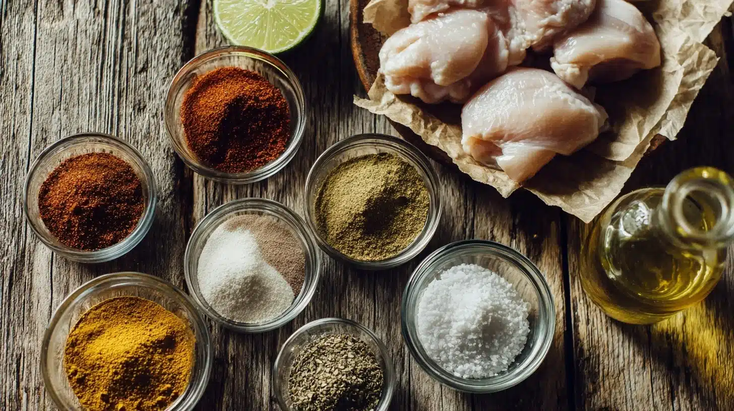 spices, chicken thighs, lime, and olive oil arranged for mexican style chicken thighs