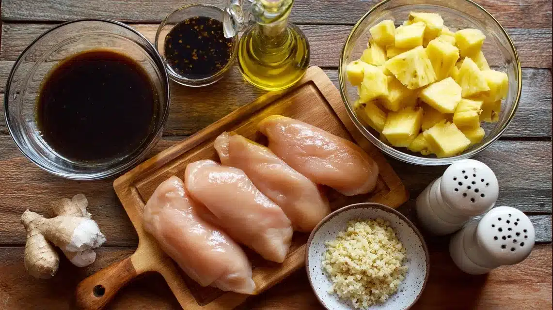 ngredients for Hawaiian BBQ chicken recipe arranged on a kitchen counter