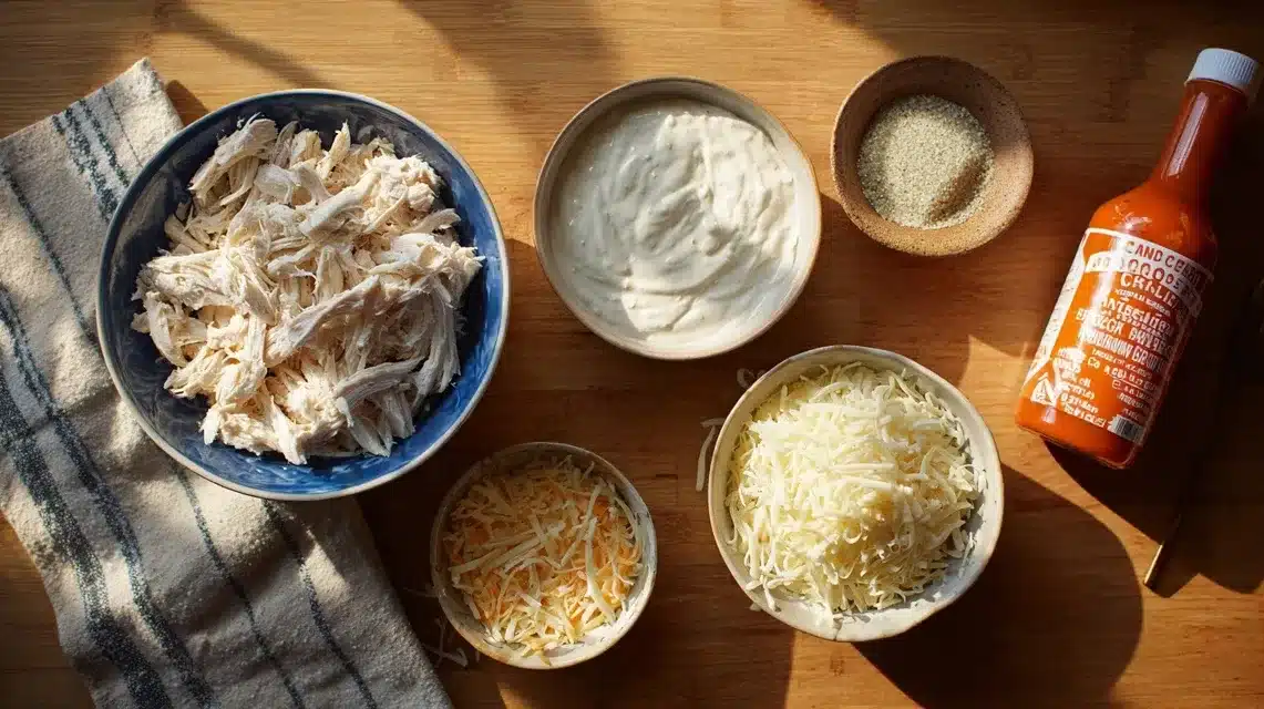 Core ingredients for buffalo chicken dip healthy arranged on a wood surface