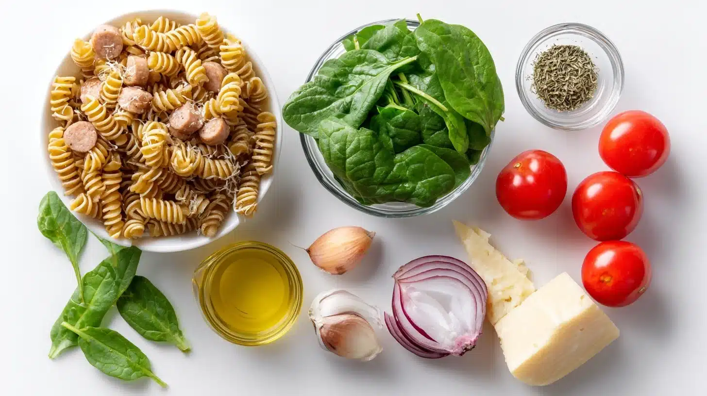 Chicken sausage pasta ingredients laid out on white surface