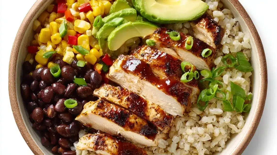 Fresh ingredients for honey BBQ chicken bowls laid out on a kitchen counter