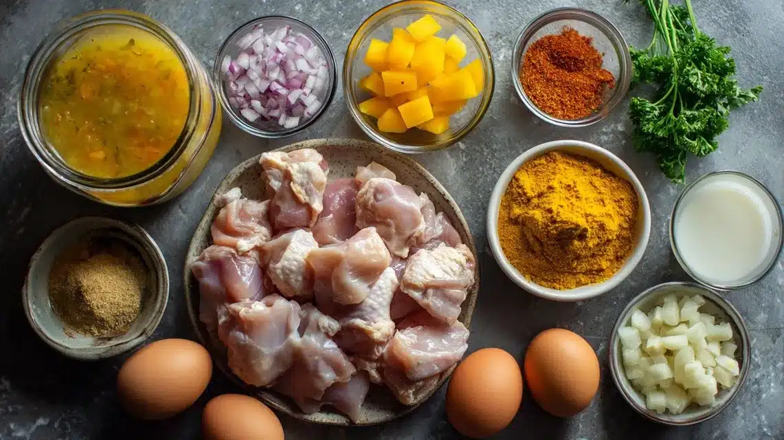  Flat lay of Peruvian chicken stew ingredients on marble