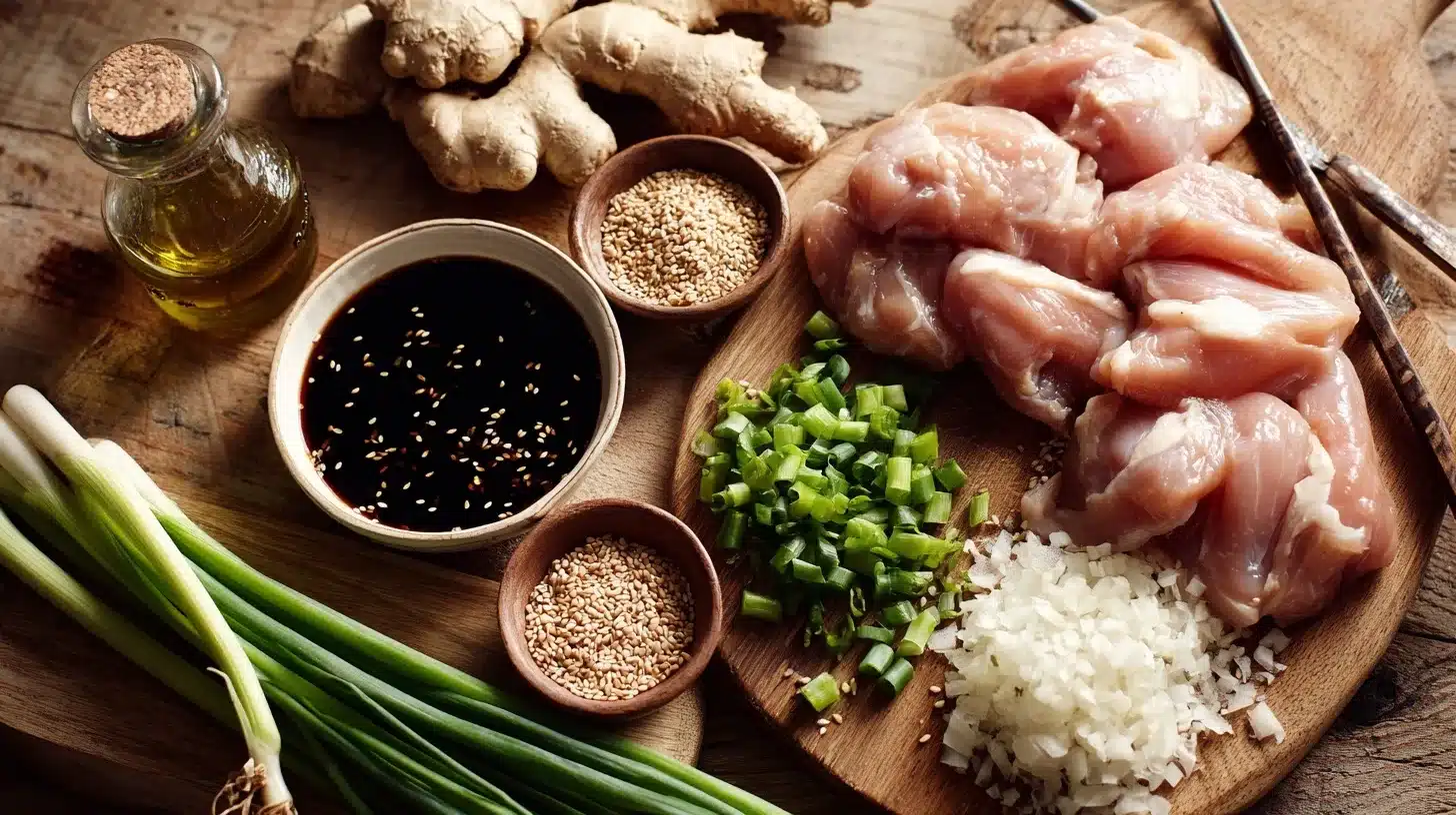 Teriyaki chicken ingredients including chicken thighs, sauce, garlic, and ginger