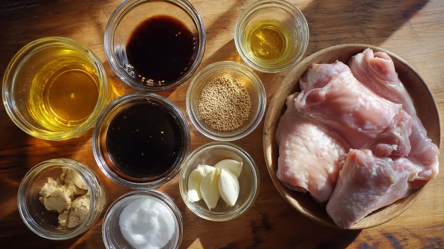 Raw chicken with teriyaki marinade ingredients for grilling