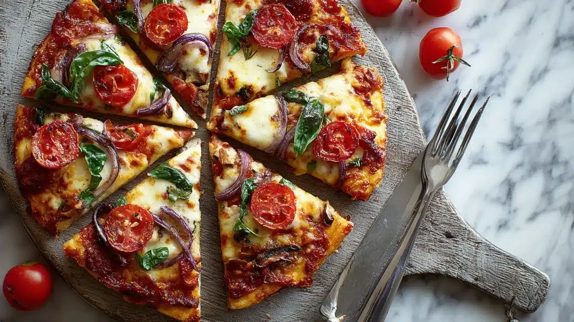 Ingredients for canned chicken pizza crust laid out on marble counter