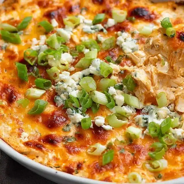 Healthy chicken wing dip recipe served hot with green onions and blue cheese crumbles