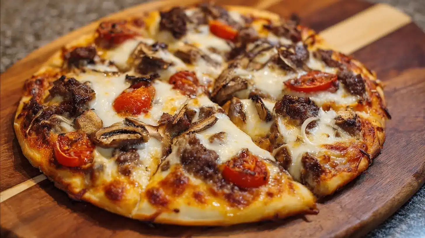 Ground chicken pizza crust recipe served on a rustic plate