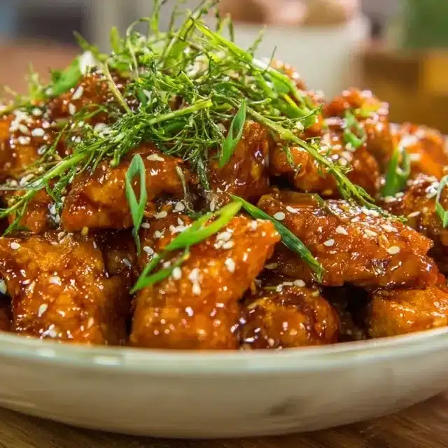 Bang Bang Chicken Bites served on a white plate with sauce