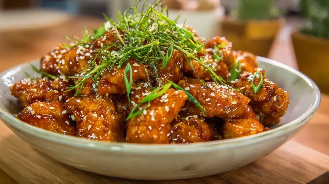 Bang Bang Chicken Bites served on a white plate with sauce