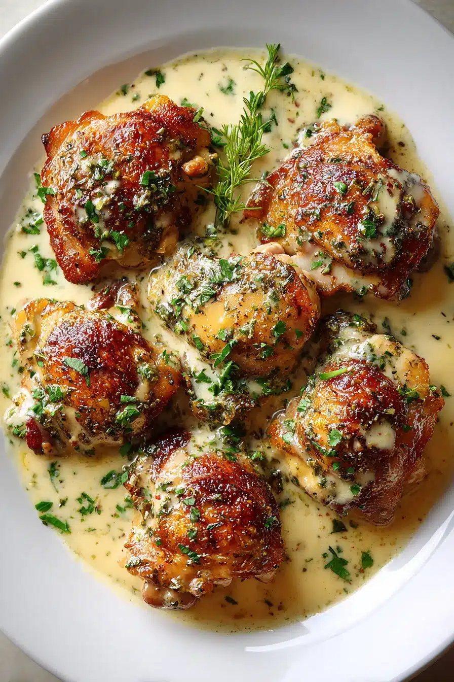 Delicious honey garlic chicken thighs cooked in a skillet, ideal for family meals.