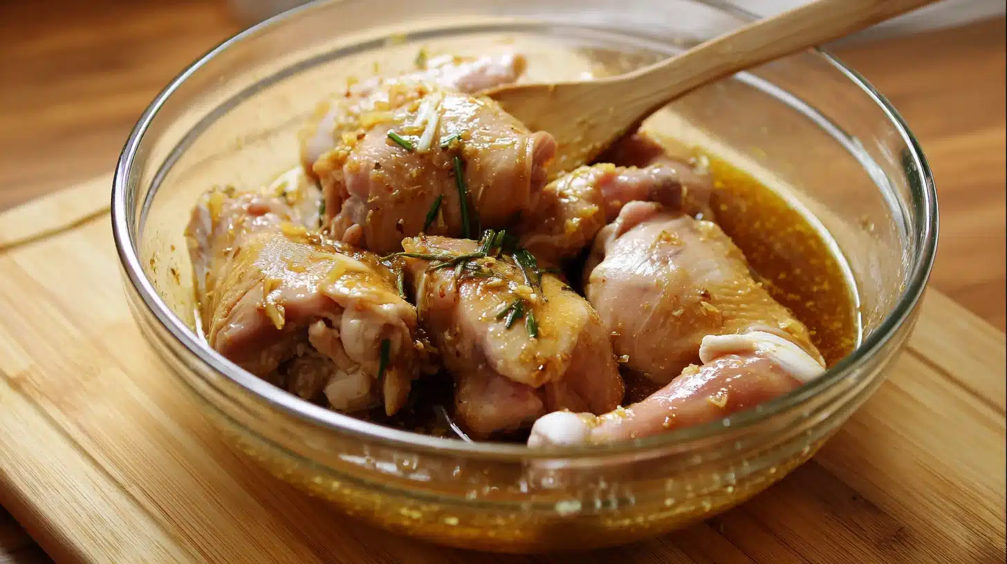 Marinated chicken thighs rest in the fridge, absorbing the sweet and savory tocino flavors. This is a key step in learning how to make chicken tocino