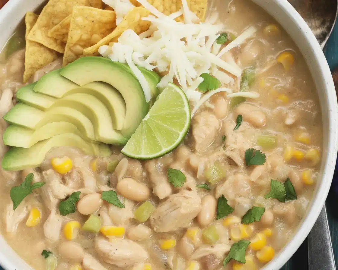 Bowl of creamy white chicken chili with chunks of chicken and white beans