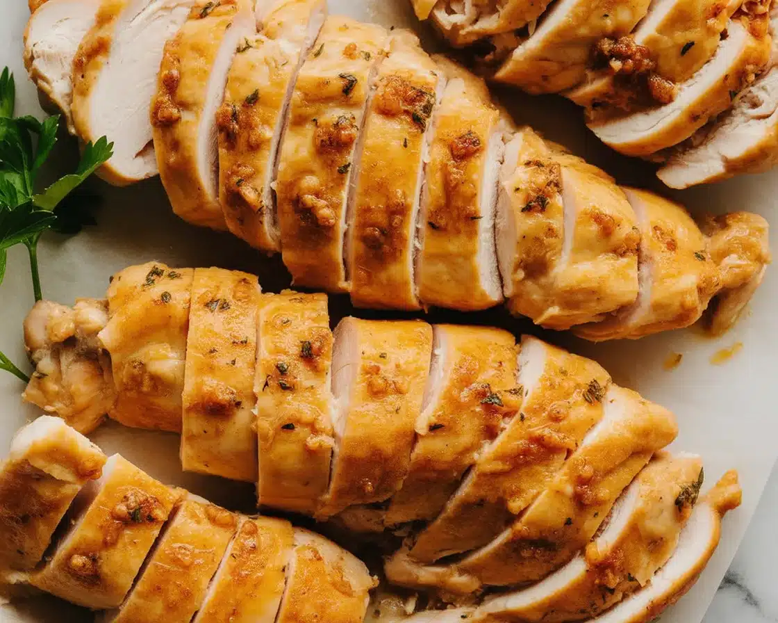 Plated juicy crock pot chicken breast garnished with herbs and spices.