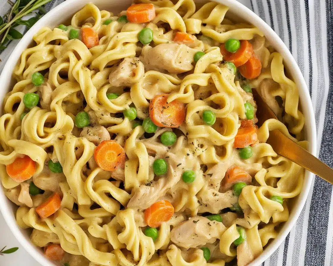 Delicious Chicken Pot Pie Pasta with tender egg noodles and creamy sauce.
