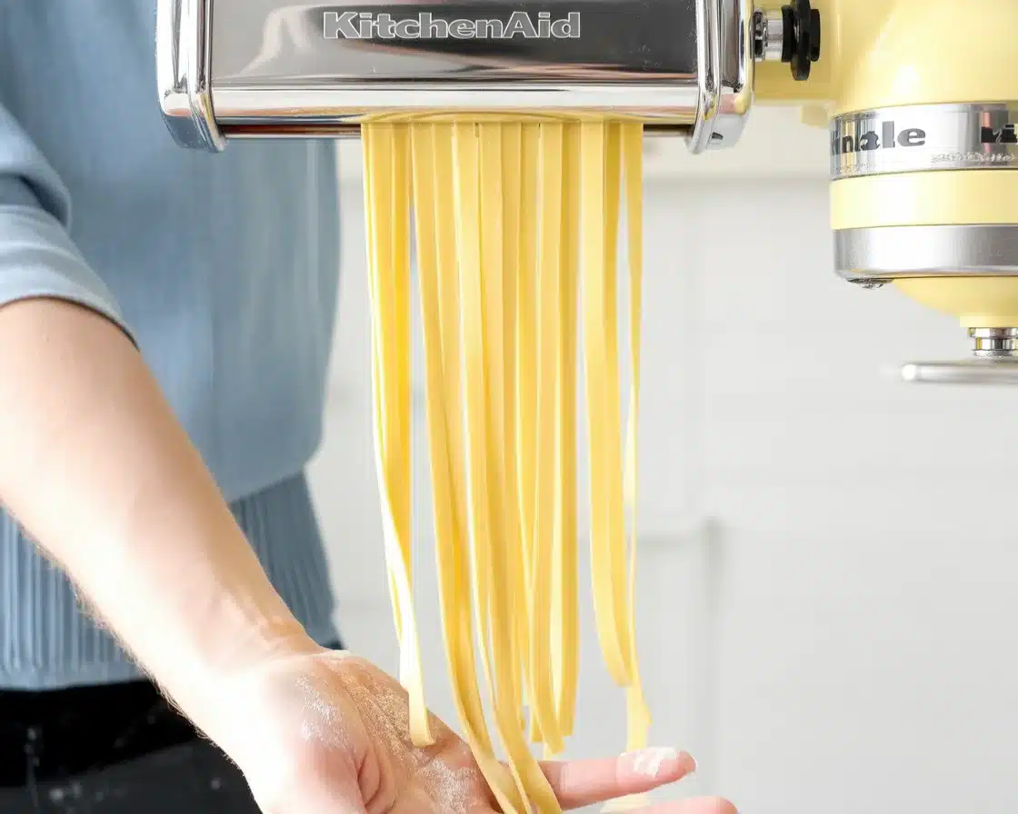 Homemade fresh pasta made with flour, eggs, and olive oil on a wooden surface.