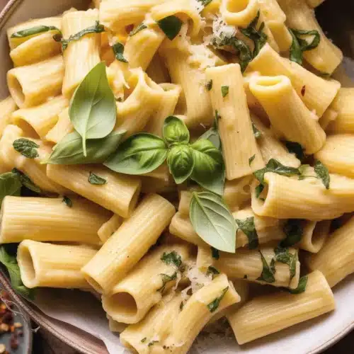 A bowl of flavorful zucchini pasta topped with garlic, lemon, and parmesan.