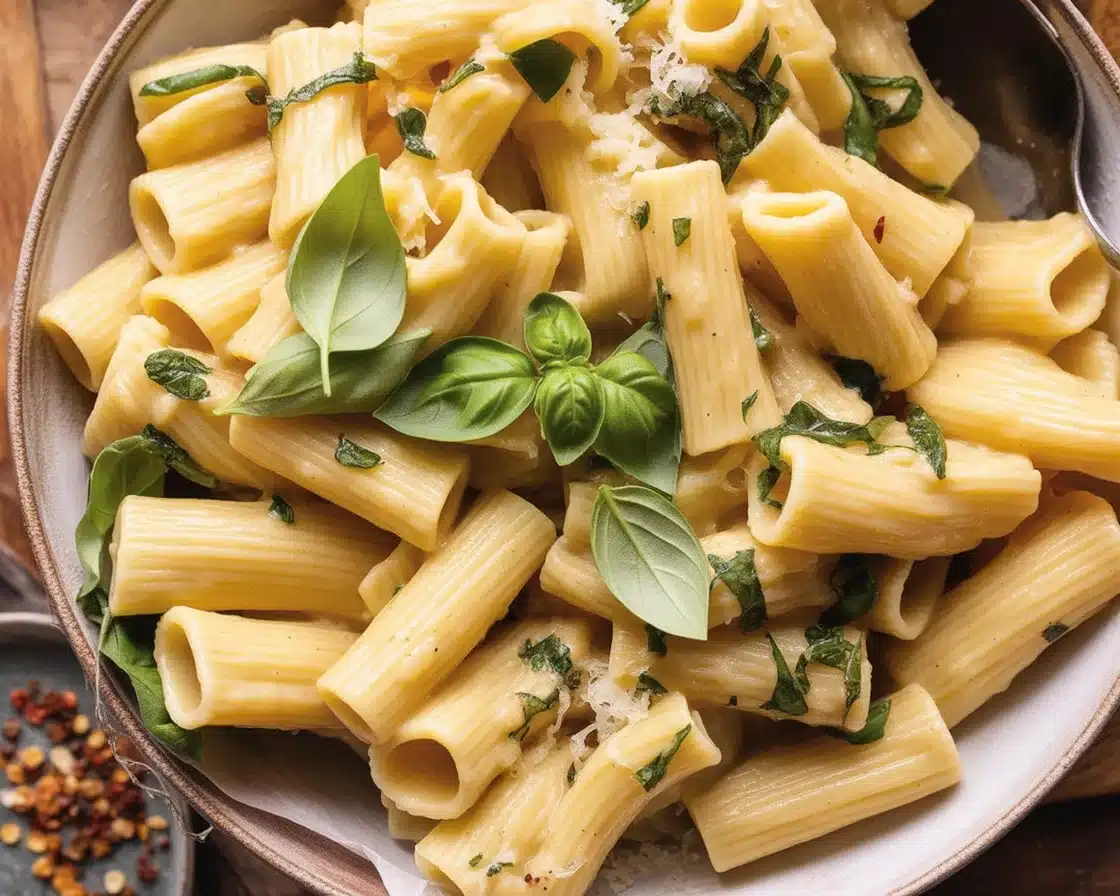 A bowl of flavorful zucchini pasta topped with garlic, lemon, and parmesan.