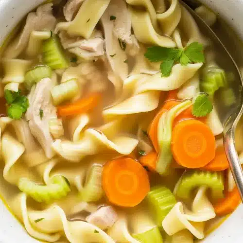 Delicious homemade chicken noodle soup with fresh ingredients and hearty broth