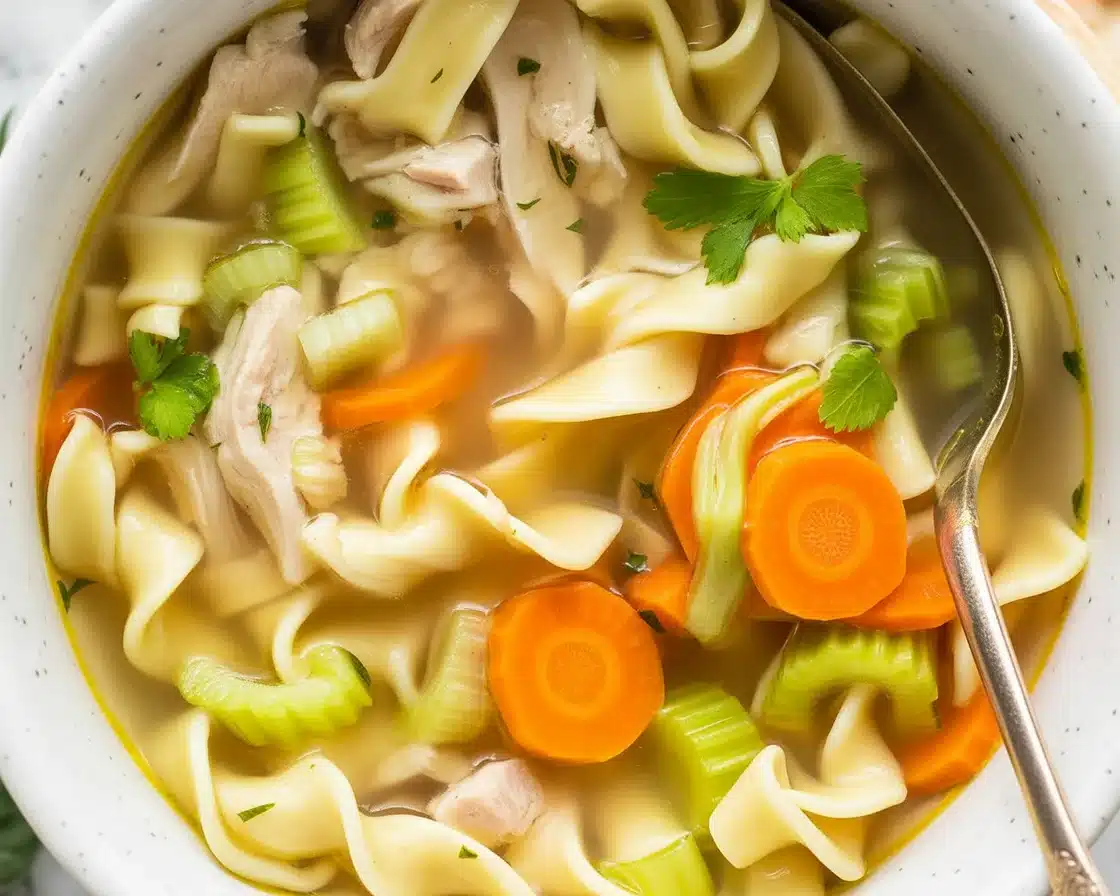 Delicious homemade chicken noodle soup with fresh ingredients and hearty broth