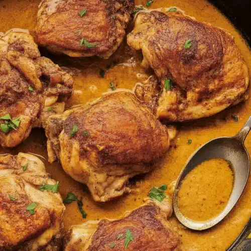 Juicy and flavorful honey garlic chicken thighs served on a plate with herbs.