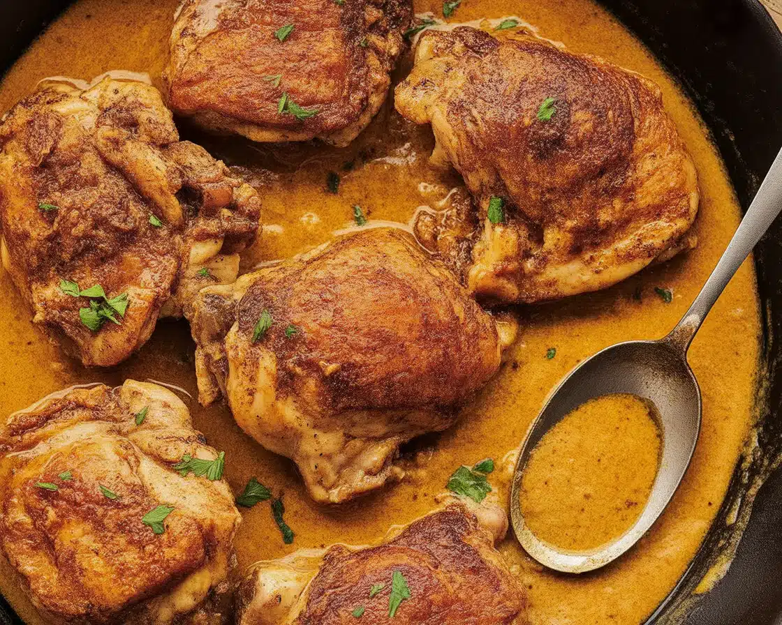 Juicy and flavorful honey garlic chicken thighs served on a plate with herbs.