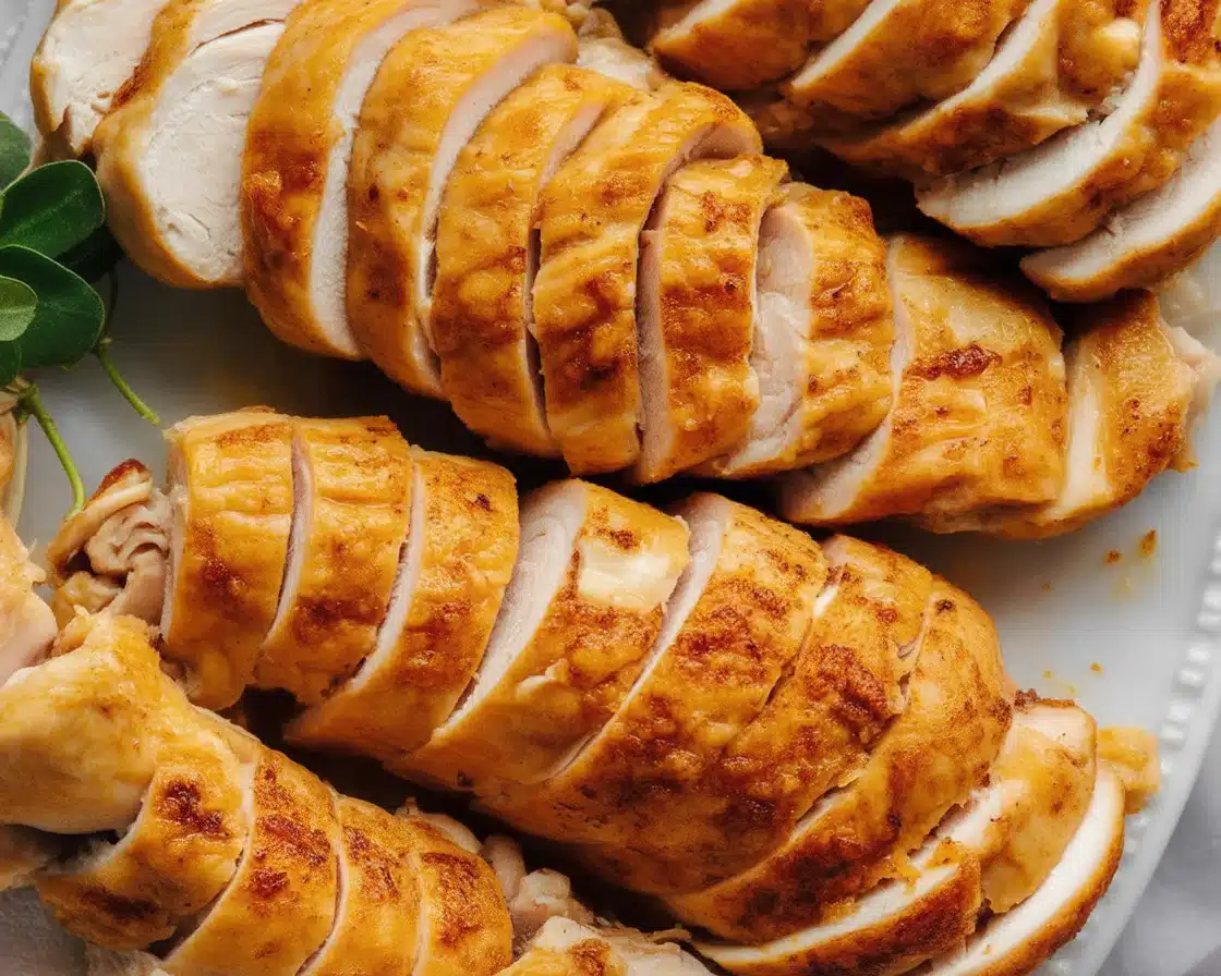 Juicy slow-cooked chicken breasts in a crock pot seasoned to perfection.