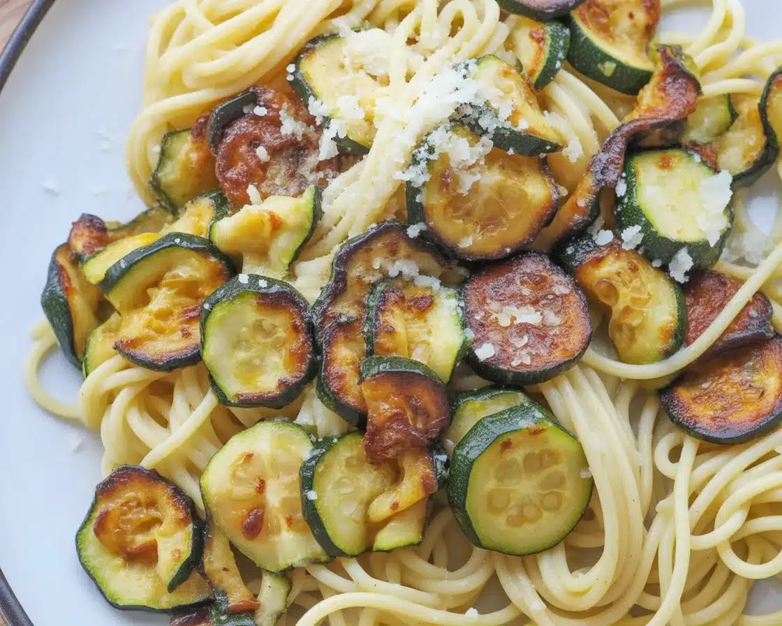 A vibrant dish of zucchini and pasta, featuring garlic, lemon, and Parmesan for added flavor.