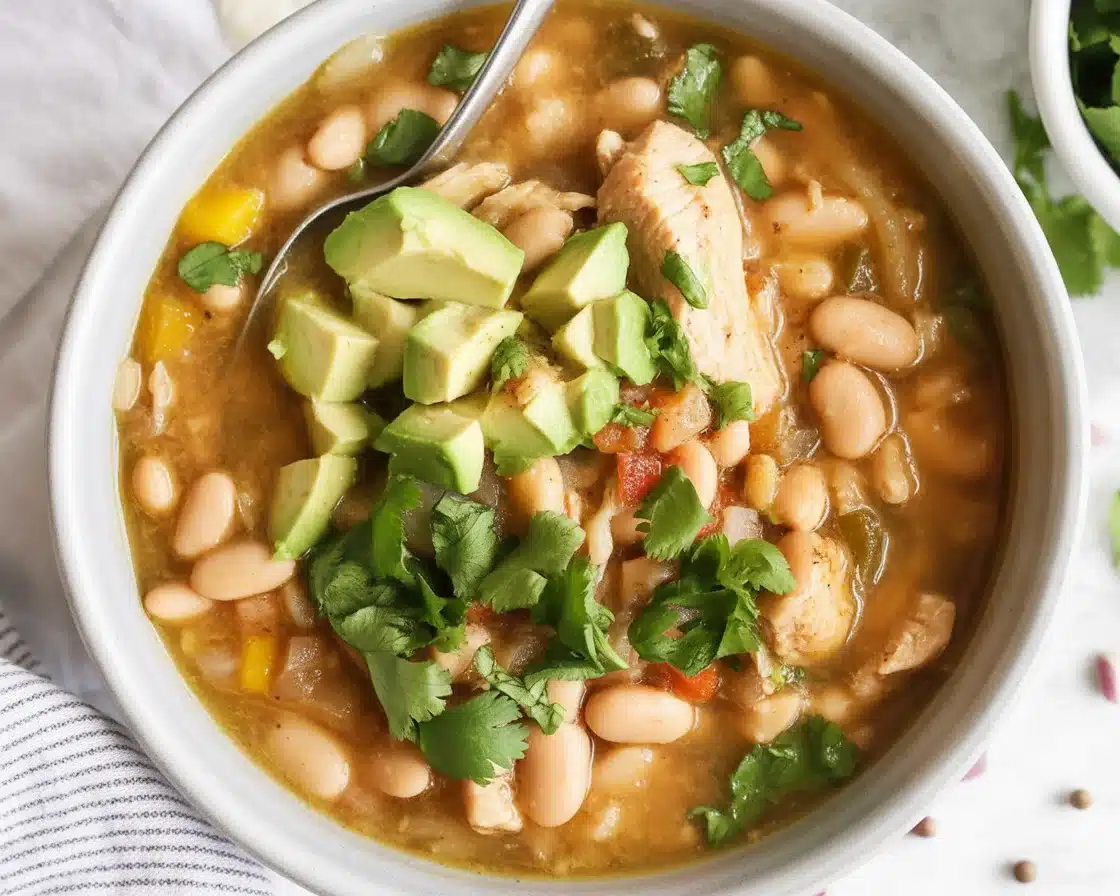 Bowl of creamy White Bean Chicken Chili with chicken and spices.