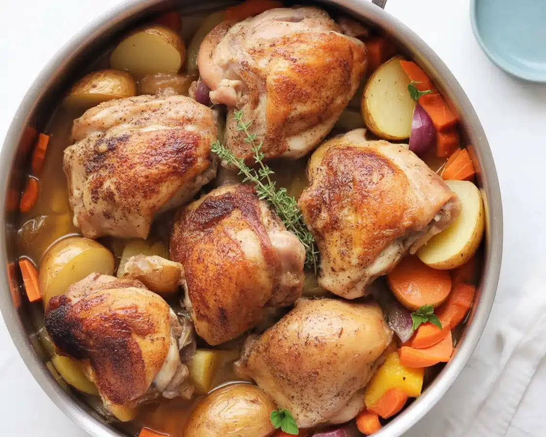 Hearty Chicken Pot Roast Crockpot with vegetables and gravy in a slow cooker.