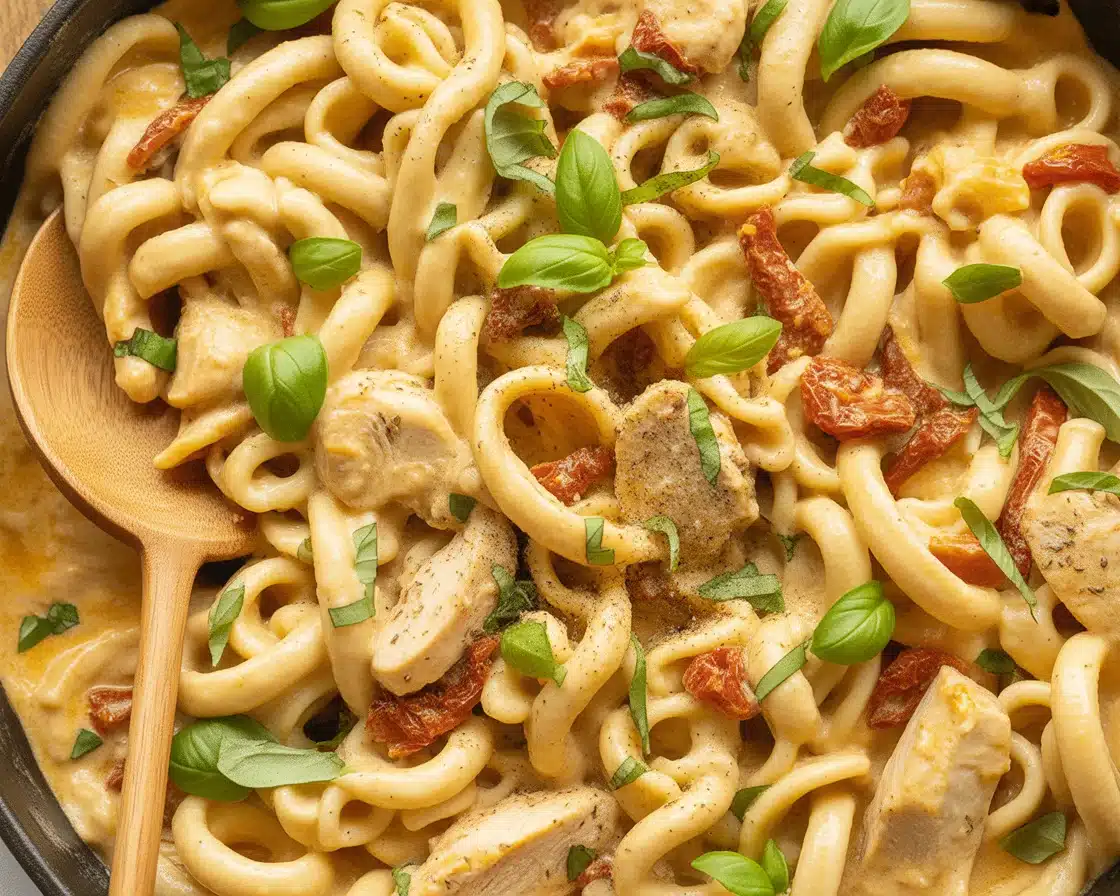 Delicious Marry Me Chicken pasta served with creamy sauce and garnished with herbs.